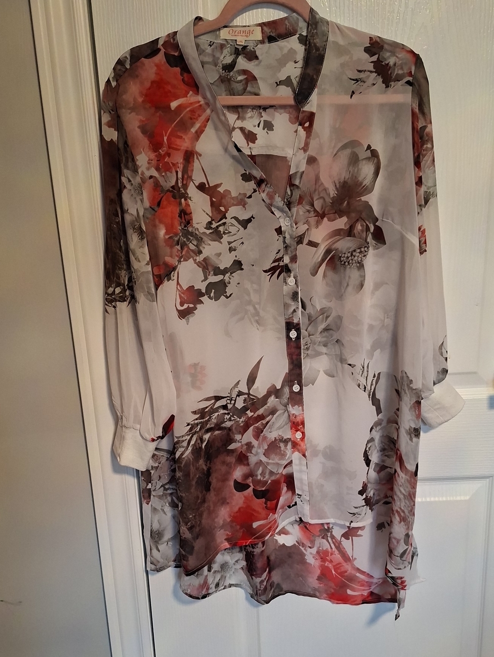 Orange Sheer Floral Button-Up Tunic in White, Red and Gray